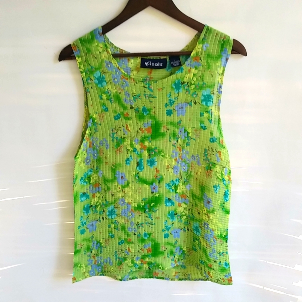 Kisses L Lime Blue Sleeveless Watercolor Top